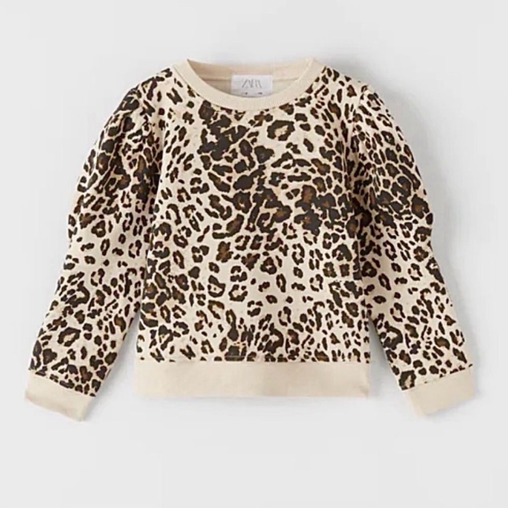 Zara Girls Leopard Animal Print Puff Sleeve Sweatshirt